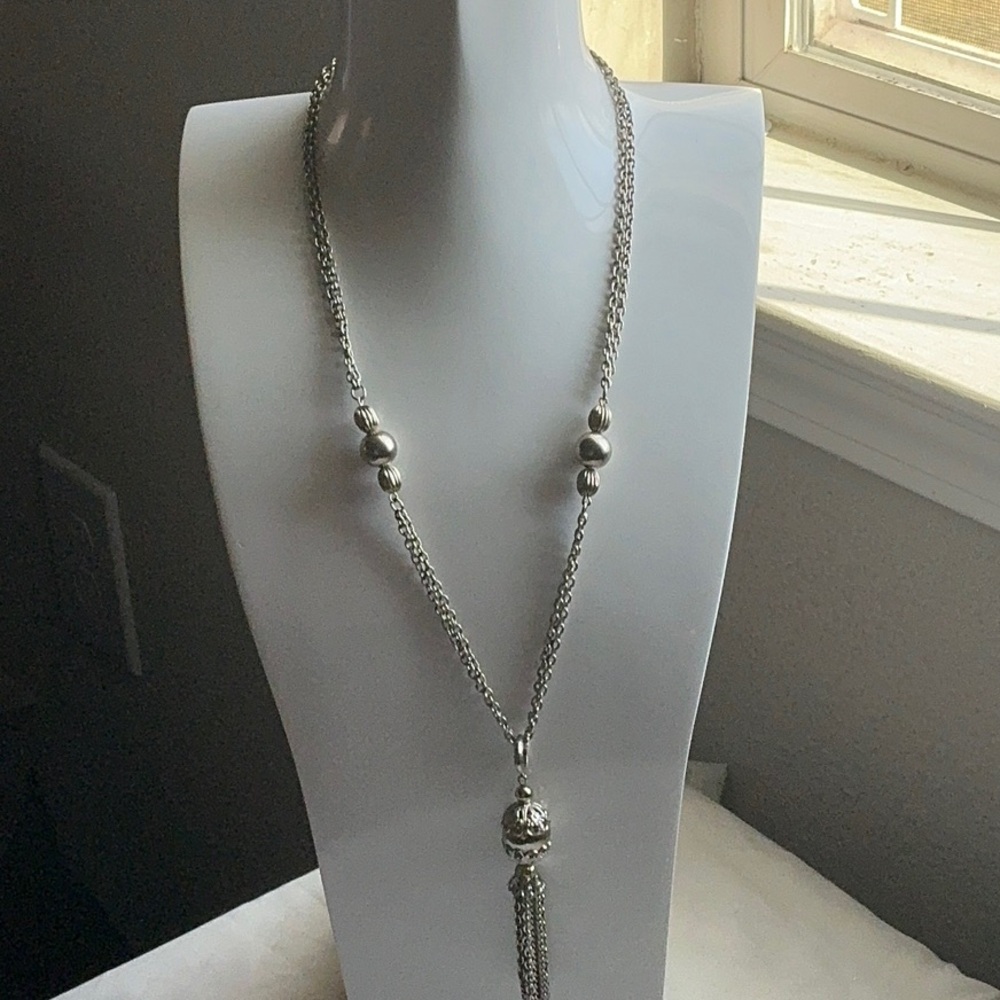 24” Vintage Silver Tone Rope Multi Chain Chunky Bead LONG Necklace